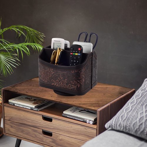 Antique Leather Remote Control Holder 360 Degree Spinning,Desk Rotating Organizer/Caddy for TV Remote Controllers,Pen,Calculator Media Player,DVD,Office Supplies,Mobile Phone Storage Box (Retro)