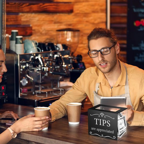 Vesici Acrylic Tips Jar for Money Tip Box Bucket 6 x 4 x 5 Inch Plastic Storage Container Donation Suggestion Raffle Cash Box for Bartender Bars Restaurants Musicians Driver(Black)