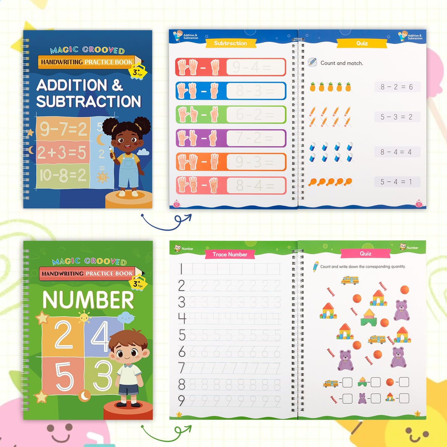 Magic Grooved Handwriting Practice Books for Kids Ages 3-8, Reusable Tracing Book, Preschool Learning Activity, Motor Skills Writing Workbook with Pencil Grips & Magic Ink Pens
