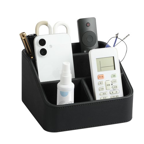 MEIBOOCH Remote Control Holder, PU Leather Small Desk Organizer for Men Women Nightstand Bedside Table Organizer Remote Caddy with Rounded Edges Design (Black)