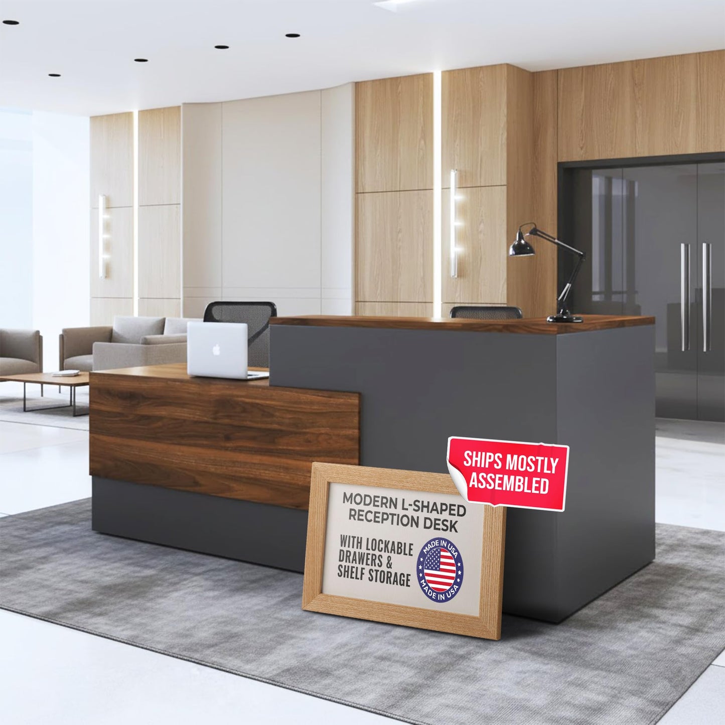 OfficeSimpli L Shaped Reception Desk with Counter - 78.5x40.5x42 Inch - Made in USA, Ship Mostly Assembled, L Shape Front Desk Reception Counter with Shelf Storage, Lockable Drawers for Office & Lobby
