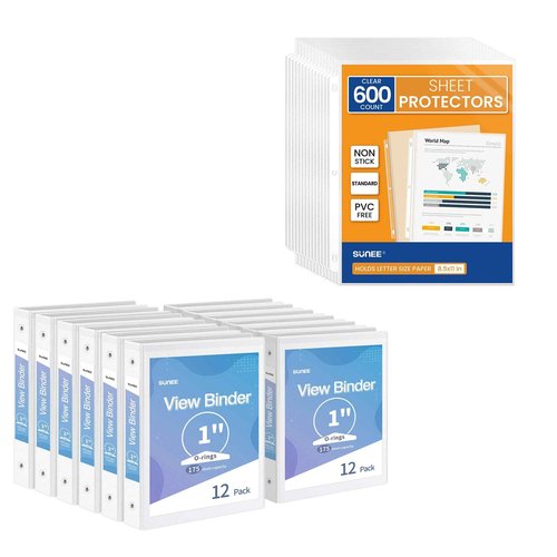 SUNEE White Binders & Sheet Protector Bundle, 12pcs 1 Inch 3 Ring Binders & 600pcs Clear Sheet Protectors, 8.5x11