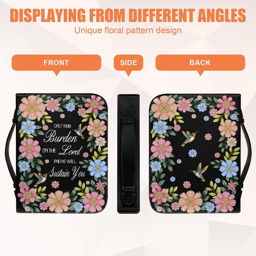 Leather Floral Bible Cover for Women & Girls - Portable Protective Bible Book Cover with Handles, Lightweight & Durable Bible Case with Zipper Closure, Very suitable for church use (black, large size)