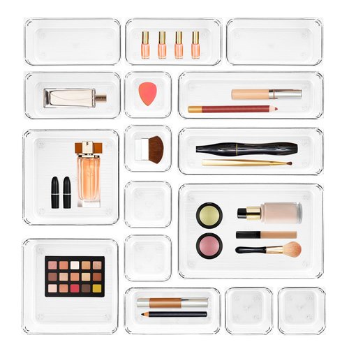 Ravinte 16 PCS Drawer Organizer Plastic Storage Bins, 5 - Size Kitchen Drawer Organizer with Non-Slip Pads Clear Desk Storage Tray for Makeup, Jewelries, Kitchen Utensils and Office