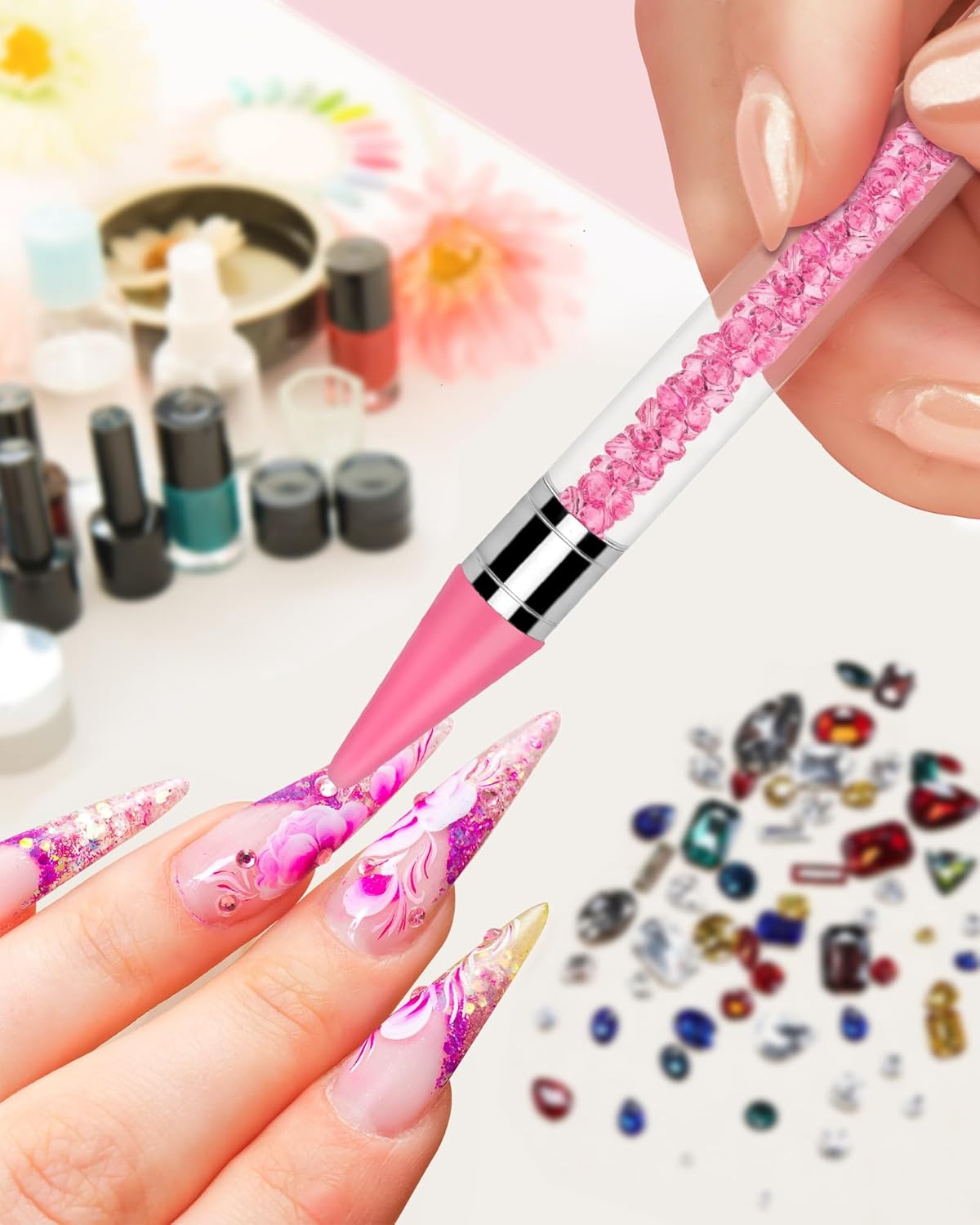 Skiennix Rhinestone Picker Tool Set - Rhinestone Applicator with 4 Pink Wax Heads & 2 Tweezers