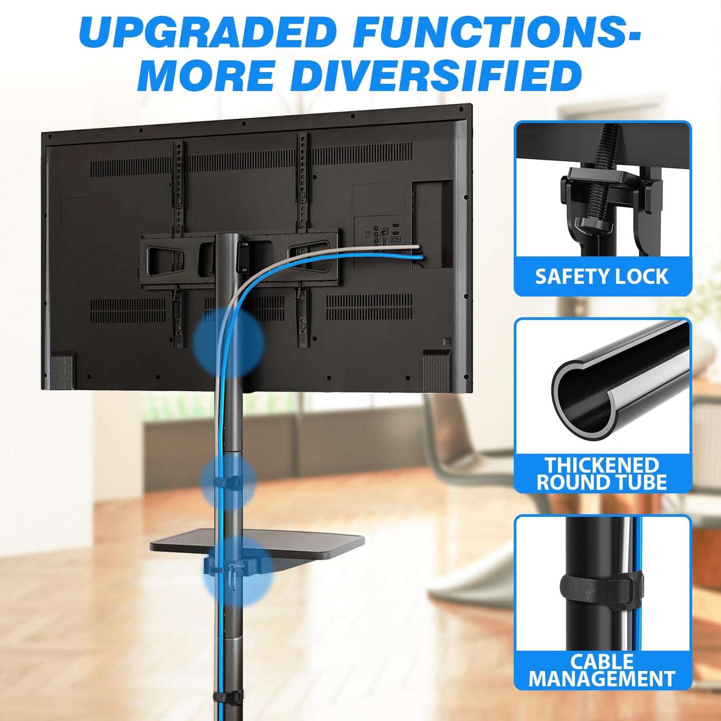 Rfiver Mobile TV Stand for 23-65 Inch LCD LED Flat/Curved Panel Screen TVs up to 88 lbs, Rolling TV Stand with Adjustable Shelf & Tilt, Portable Floor Stand on Wheels for Bedroom, Living Room, Office