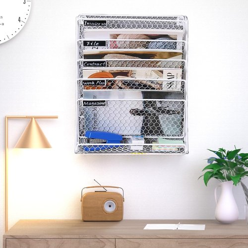 Wall File Holder Hanging Mail Organizer Metal Chicken Wire Wall Mount Magazine Rack for Home and Office (White)