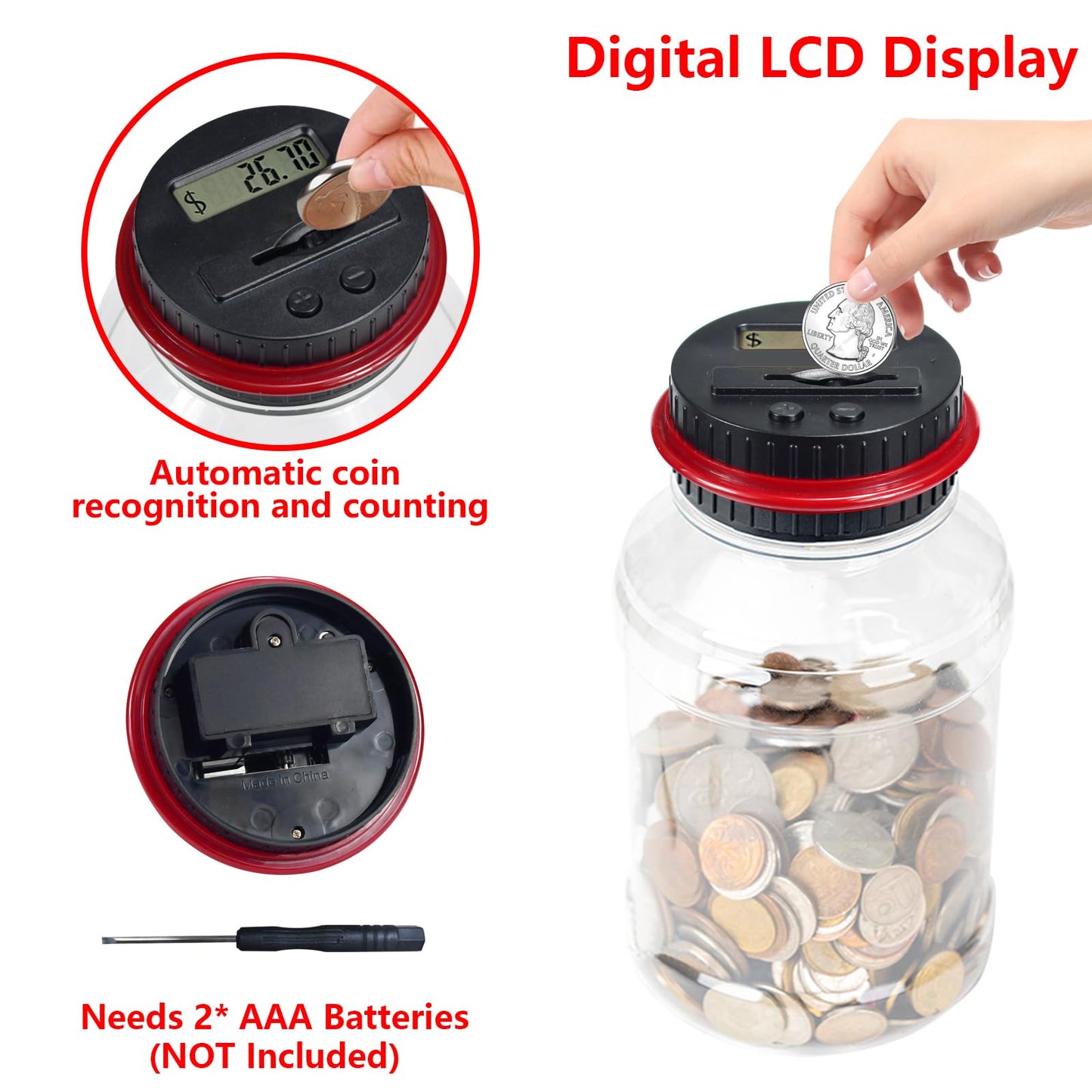 Totola Digital Counting Piggy Banks for Adults, 1.8L Capacity Coin Bank with LCD Counter Display, Transparent Money Coin Jar for Money Saving, Holds All US Coins, Ideal Gift for Boys Girls (Red)