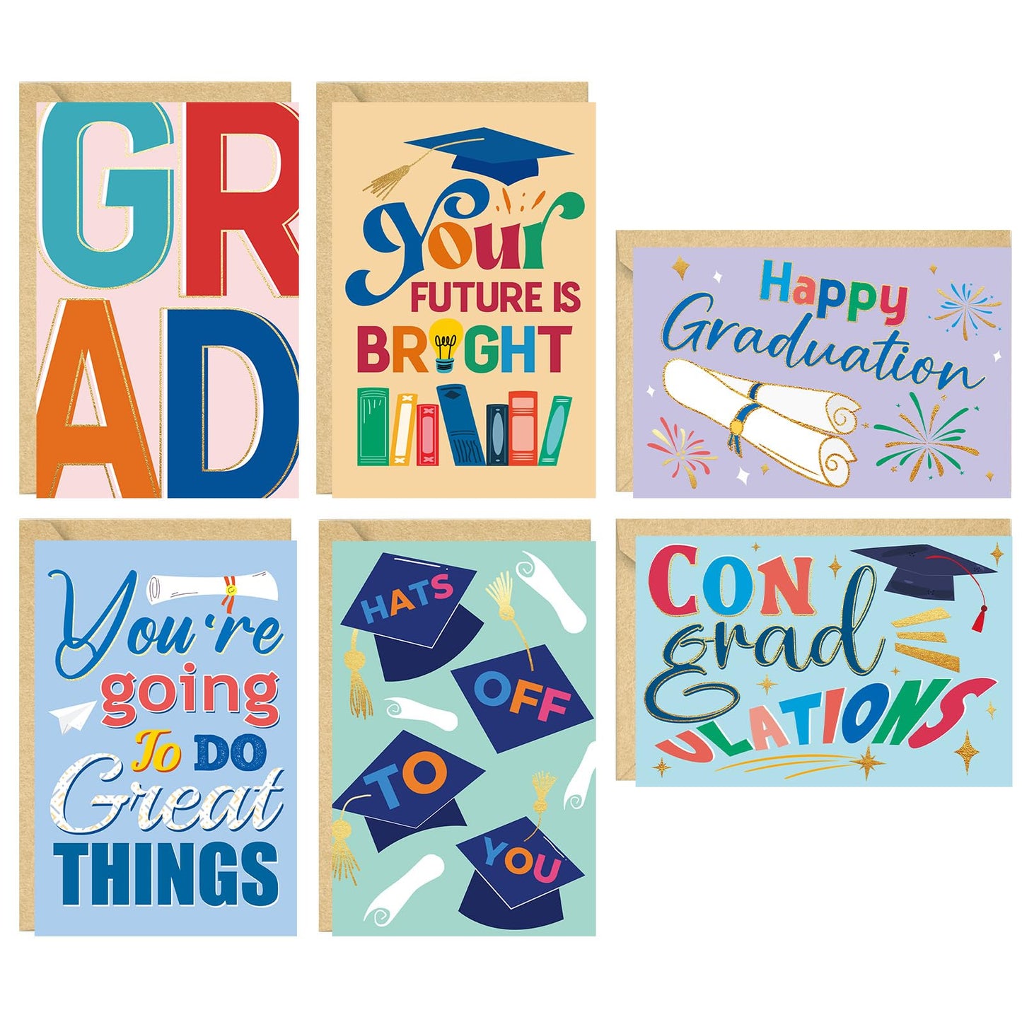 Qiavor Pack of 24 Happy Graduation Cards with Envelopes for Teens Teenagers, 6 Inspirational Congratulations Card for High School College Graduates, Message Inside, 4x6in