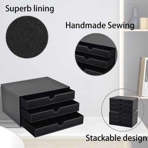 XNONE PU Leather Desk Organizer with 3 Drawers,Executive Office Supplies Desktop Filing A4 File Cabinet/Holder for Jewelry/Bill/Paper/Documents/Makeup Home Decor Stationery Storage Box,Black