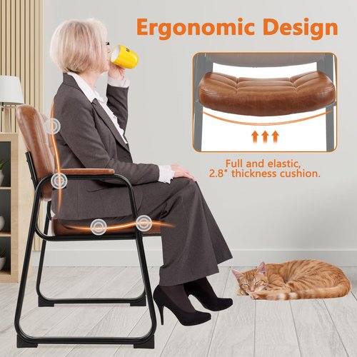 CLATINA Big and Tall 400 lbs Office Guest Chair with Sled Base, Leather Waiting Room Reception Chair No Wheels with Padded Arms for Elderly Home Meeting Conference Room Lobby Side Salon, Brown 2 PK