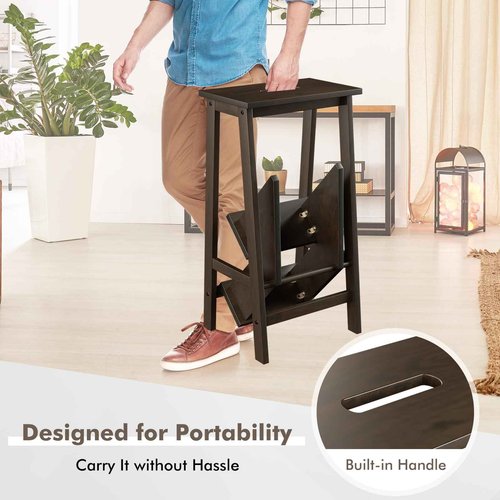 BETTARY 3-Step Folding Wooden Step Stool, Portable Anti-Slip Step Ladder, Foldable Wood Counter Staircase, Multifunctional Flower Shelf & Chair for Kitchen/Garage/Living Room/Library (Brown)