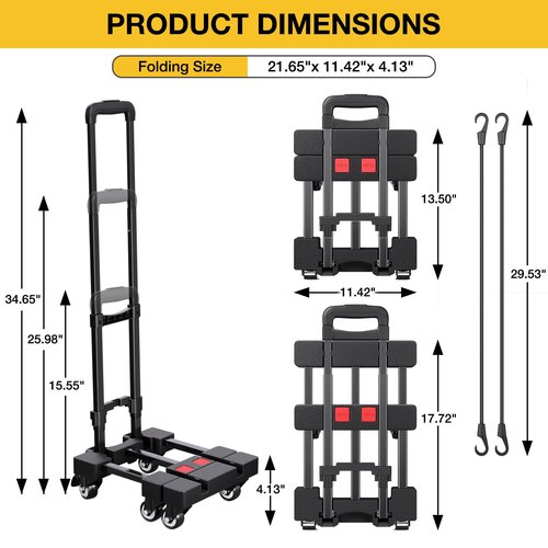 Ganweetech Folding Hand Truck, 500 LB Portable Dolly Cart Heavy Duty Luggage Cart with 6 Wheels & 2 Ropes for Travel, Moving, Shopping