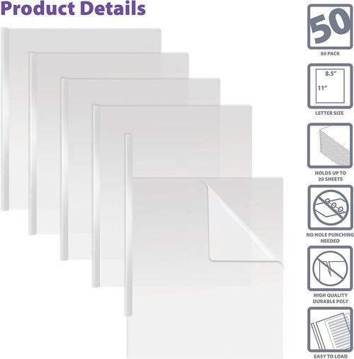 Better Office Products Clear Report Covers - Durable 5 Mil Poly, Letter Size, 50 Per Box, White Slider Bars