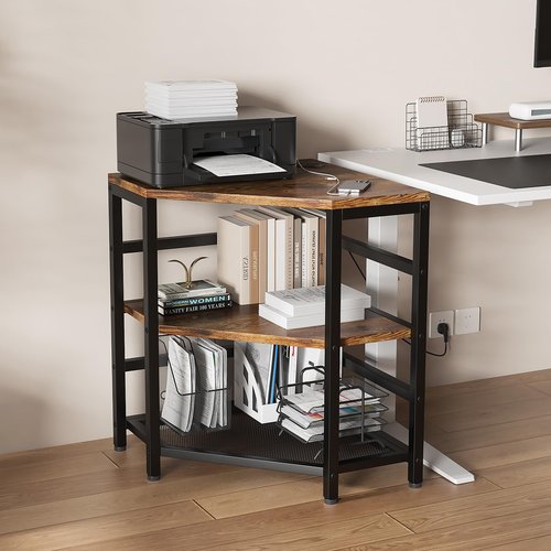jarrvz Corner Printer Stand with Charging Station and LED Lights, 3-Tier Corner Printer Stand Table, Triangle Corner Table for Small Space Office Living Room，Corner tv Stand，Rustic Brown, Retro