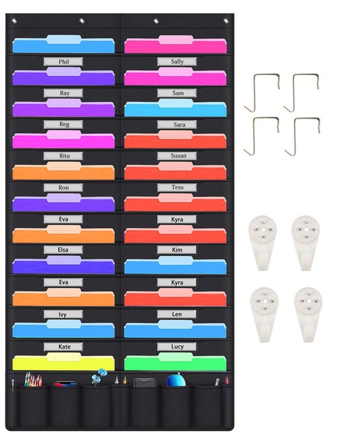 Hanging File Holder Organizer Rack, 20+6 Pocket File Folder, Wall Mounted, Heavy Duty 4 Hooks, Storage Mail, Letter, Key Holder, Document, Filing, Book, Decorative Living Room, Classroom Organization