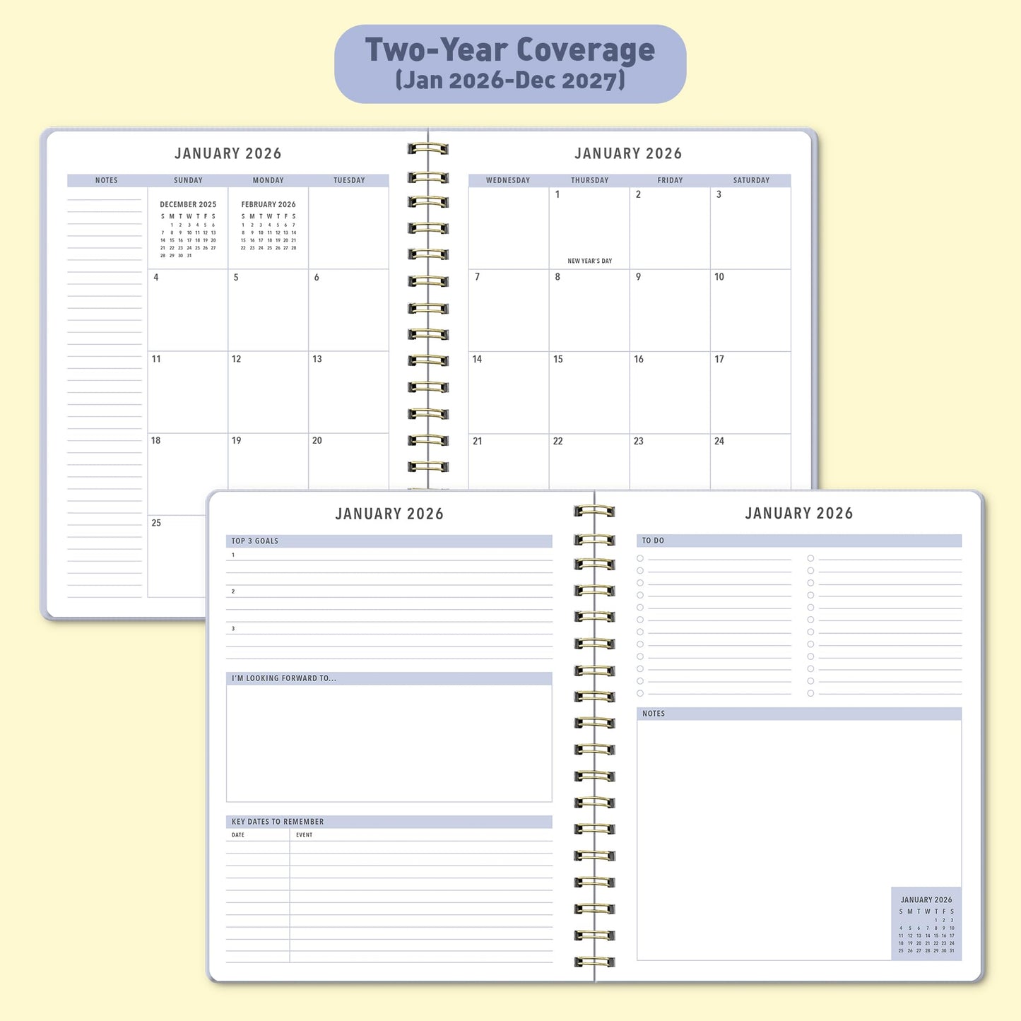 Sweetzer & Orange 2026-2027 Monthly Planner Notebook – 7.5" x 9.5" Two-Year Calendar Planner – January 2026 to December 2027 – Clean Monthly Layout, Sturdy 120gsm Paper, Gold Spiral Binding