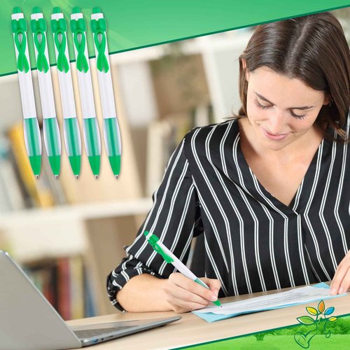Yexiya 200 Pcs Mental Health Awareness Retractable Pen Green Ribbon Liver Cancer Kidney Disease Awareness Black Ink Ballpoint Pen Bulk with Individual Packed for Charity Volunteers Activities Supply