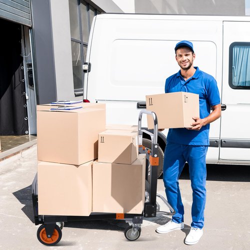 Upgraded 3 in 1 Folding Hand Truck, 600lbs Capacity, Heavy Duty Convertible Dolly with Retractable Handle and 4 Rubber Wheels, Collapsible Cart for Moving Home, Office, Warehouse（Orange）
