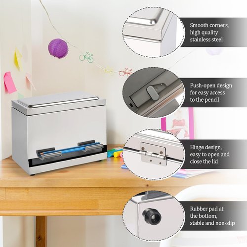 Creproly Stainless Steel Pencil Dispenser/Pen Holder for Classroom Home Restaurant for Bulk Pencils Storage/Unwrapped Drinking Straws Storage (Silver)