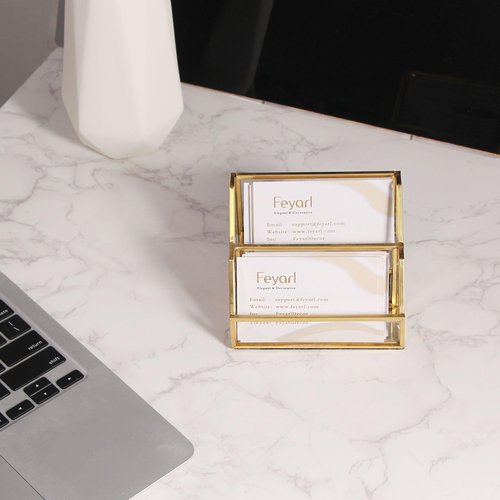 Feyarl Gold Glass Business Card Holder 2 Slots Name Cards Display Stand Business Cards Organizer Storage for Office Meeting Front Desktop Countertop