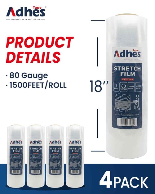 ADHES Heavy Duty Shrink Wrap Roll, 18 Inch x 1500 Feet, 4-Pack Stretch Wrap Stretch Film, 80 Gauge Industrial Strength Plastic Moving Rrap for Pallet Wrap, Furniture Wrapping Moving & Protection