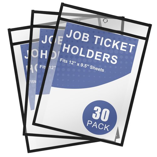 Job Ticket Holders 9x12, 30 Pack Heavy Duty Sheet Protectors Plastic Paper Sleeves 8.5 x 11 Clear Document Protectors Dry Erase Pocket Sleeves Document Holder for Shop Office Classroom Home, Black