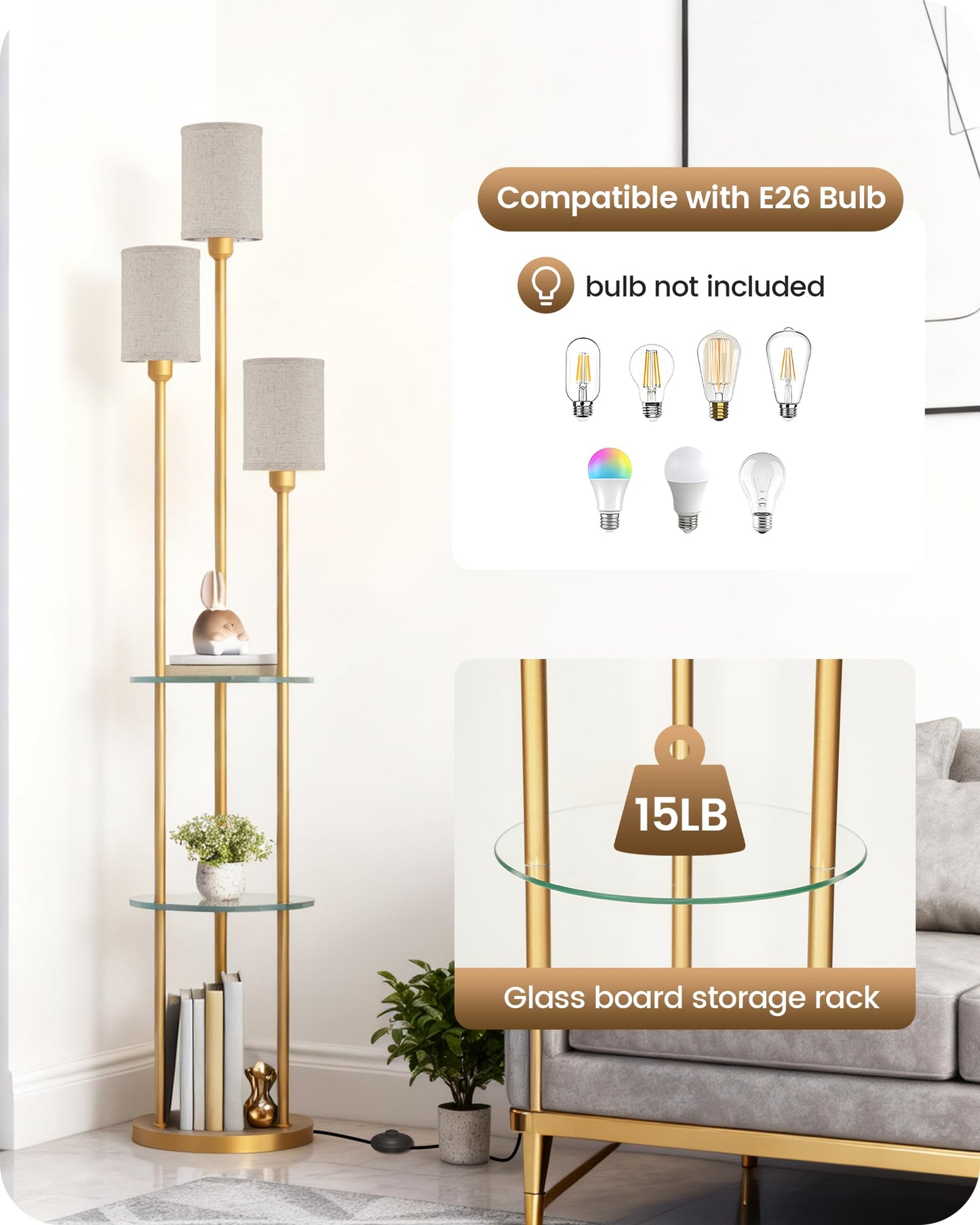 GOEBLESON Floor Lamp with Shelves, Modern Floor Lamp with 3 Linen Shades and Foot Switch, 3-Light Standing Lamp, for Living Room, Bedroom, Study, Office, Gold and Beige ED53LD05