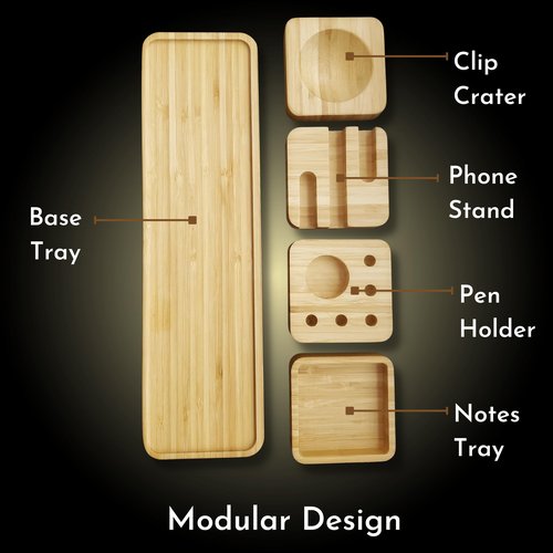 Desk Organizer - Slab. Modular Bamboo Organizer with Pen Holder, Phone Stand, Notes Tray and Clips Holder. Beautifully Designed for Home, School & Office (Wood)