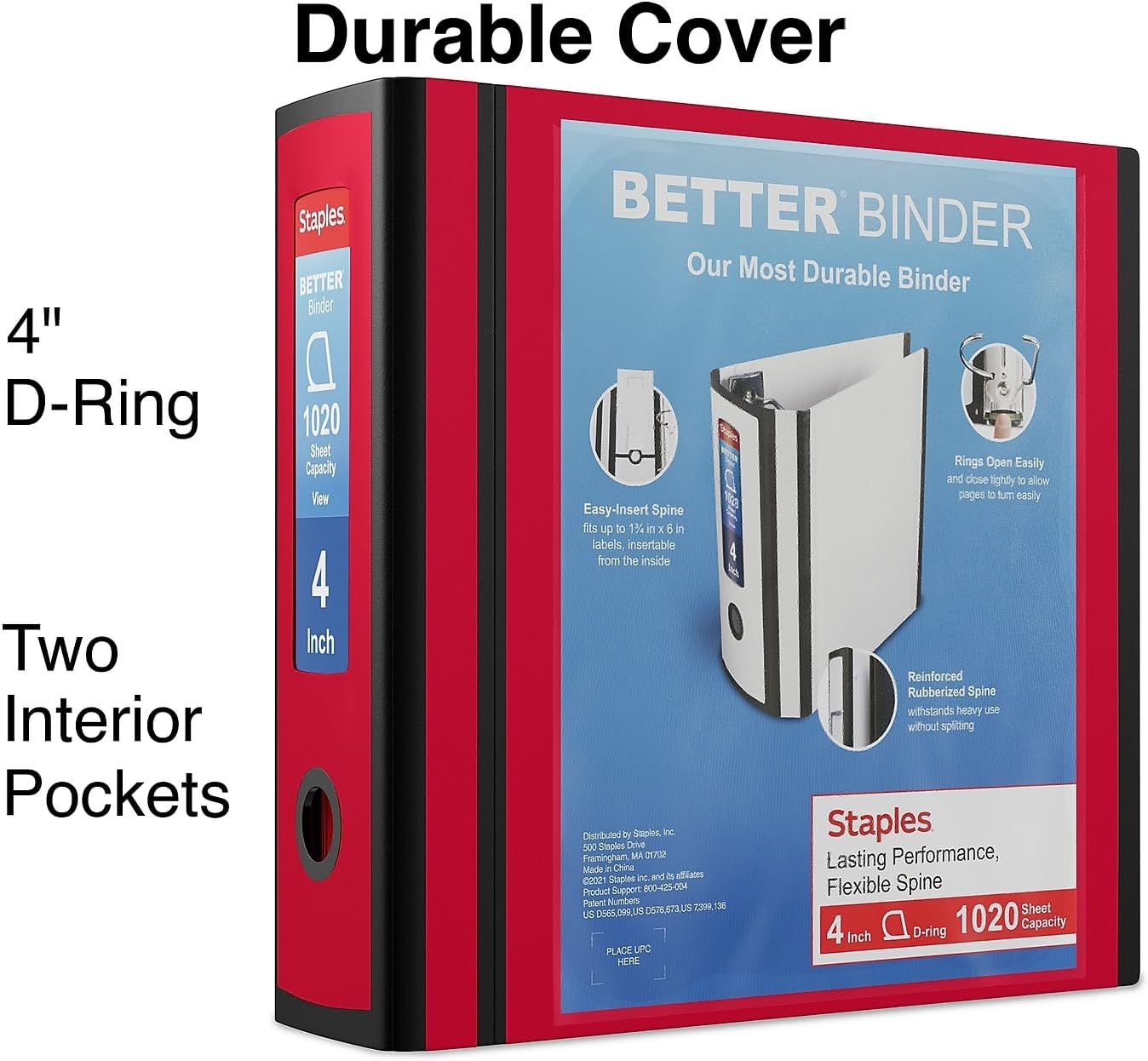 Staples Better Binder - 4" D-Ring 3-Ring View Binder | High-Capacity Red Binder with Reinforced Spine for School & Office