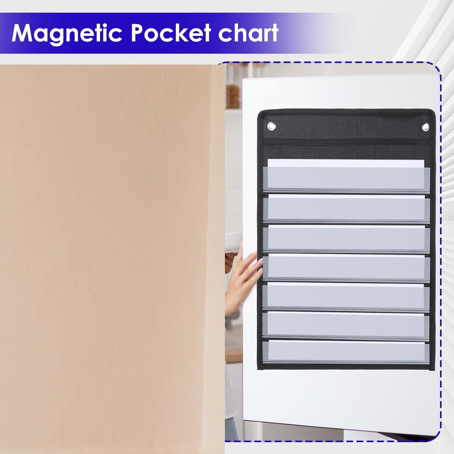 Skiennix Magnetic Pocket Chart - 4 Pcs with 40 Dry Erase Cards for Classroom & Home Use - Black