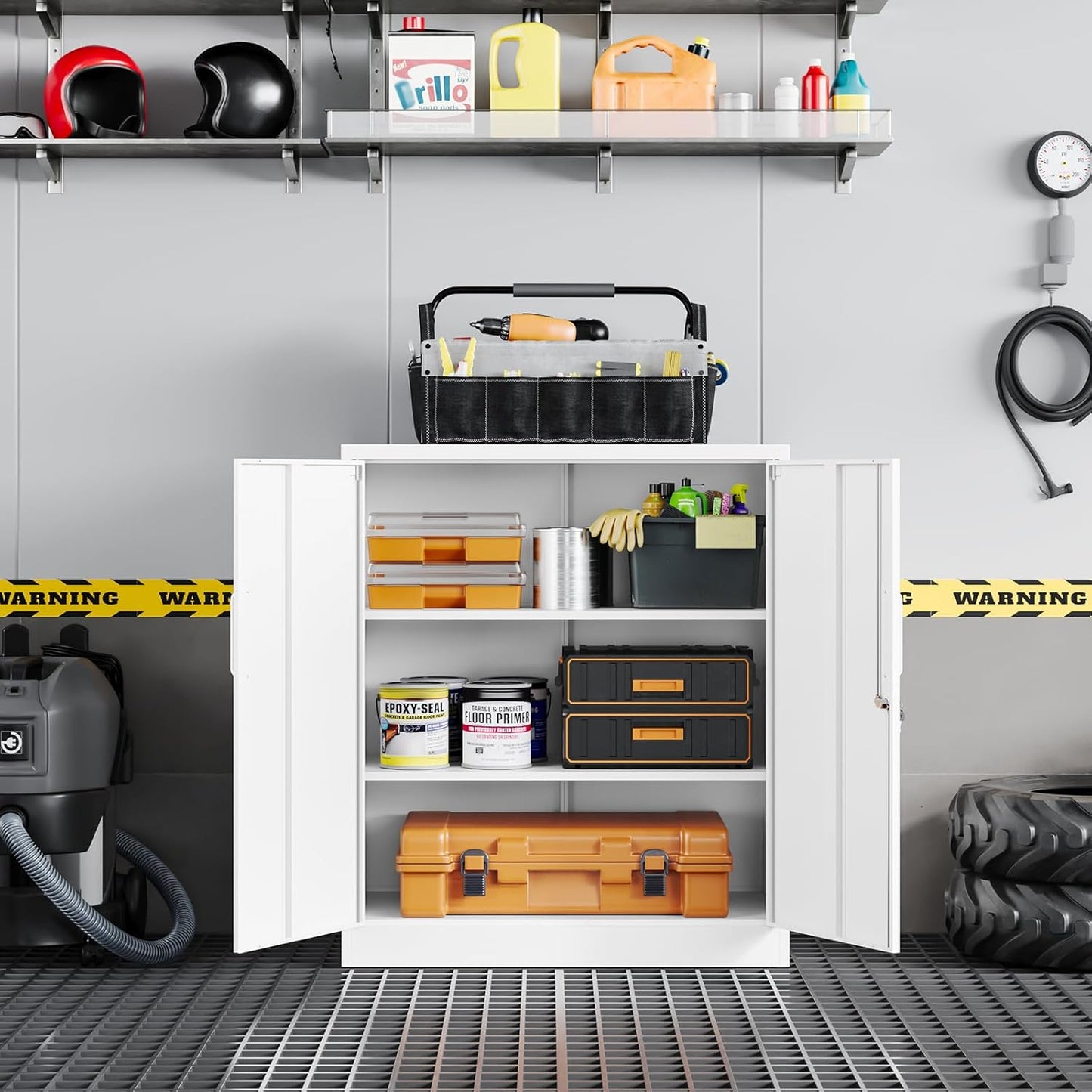 Yizosh Metal Garage Storage Cabinet - Lockable 35.5" Steel File Cabinet with 2 Adjustable Shelves | White
