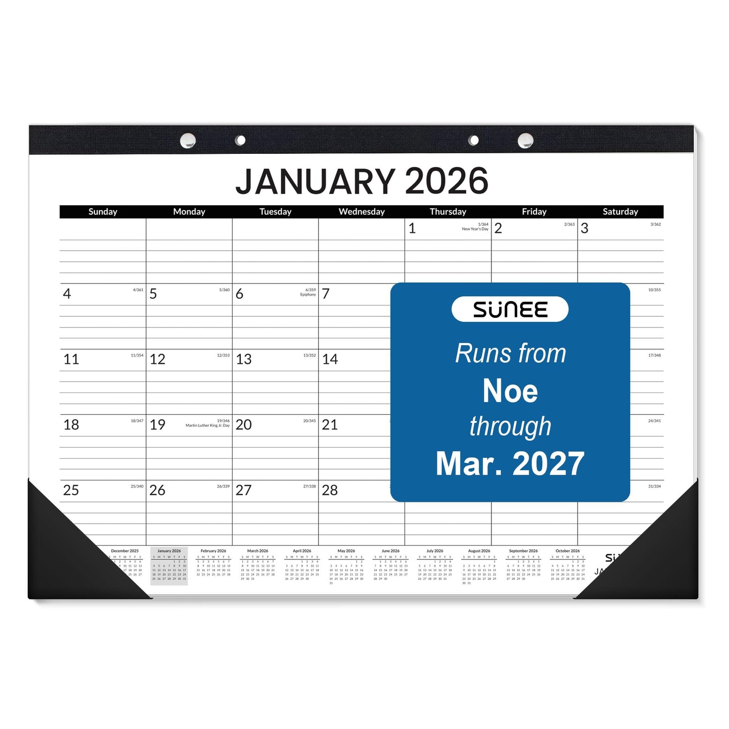 SUNEE Desk Calendar 2026, 18 Months from Oct. 2025 to Mar. 2027, 17"x12" Academic 2026 Calendar for Home, School, or Office Desk Top Organizing, Black Monthy Calendar 2026