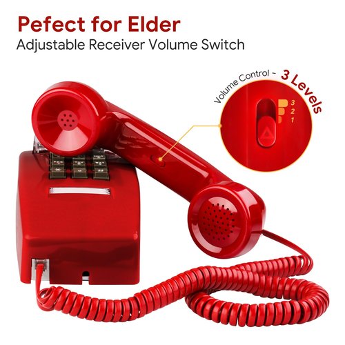 Sangyn Retro Wall Phones for Landline with Mechanical Ringer Corded Telephone Wall Mounted with Indicator Waterproof Old Style Landline Phones for Home Kitchen, Red