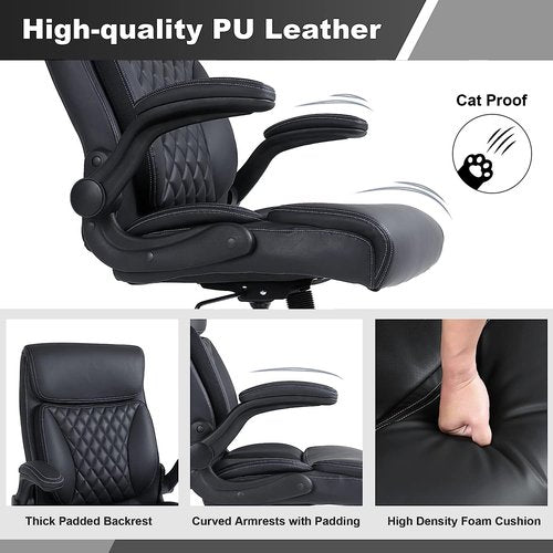 Youhauchair Executive Office Chair, Ergonomic PU Leather Computer Desk Chair with Lumbar Support, Flip-up Armrests and Adjustable Height, for Home Office, Black