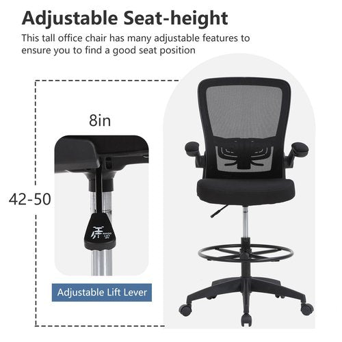 PayLessHere Ergonomic Drafting Chair Tall Office Chair High Adjustable Standing Desk Chair with Lumbar Support Mesh Back Footrest Flip-Up Arms for Office Computer Desk Standing Desk (Black)