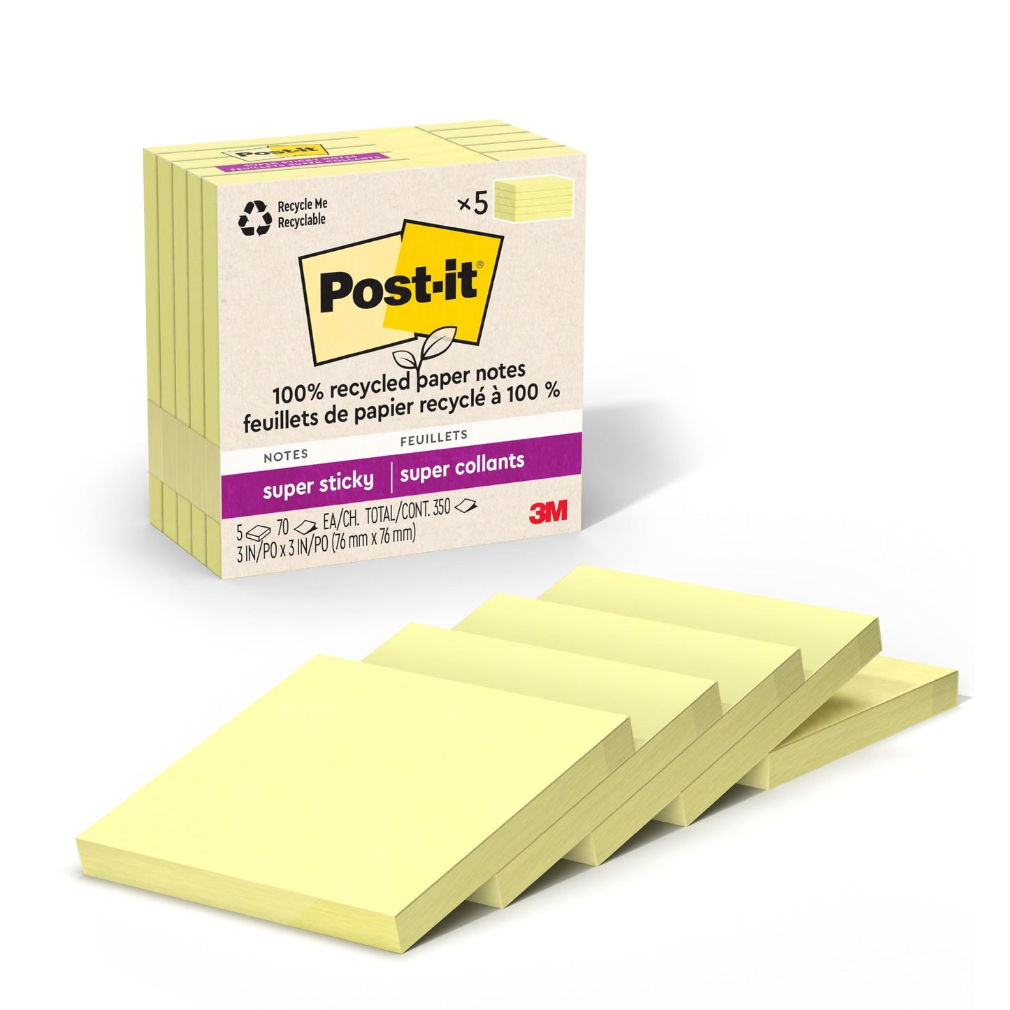 Post-it 100% Recycled Paper Super Sticky Notes, Canary Yellow, 3 in. x 3 in., 5 Sticky Note Pads, 70 Sheets per Pad, Back to School Supplies and Office Products