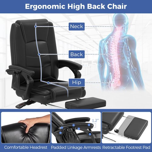 Giantex Massage Adjustable Executive Chair - 400 LBS Big and Tall Office Chair with Linkage Armrests, High Back Leather Swivel Computer Task Chair, Large Ergonomic Reclining Home Office Chair (Black)