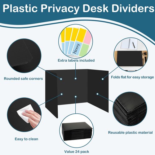 24 Pack Plastic Desk Dividers Black Privacy Folders for Students Study Carrel Divider Classroom Shield Folder Boards for Student Desks Classroom Teacher Supplies Test Divider