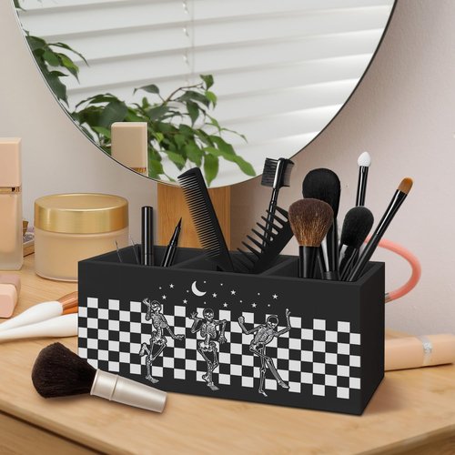 AQYIP Gothic Skeleton Wooden Pen Pencil Holder for Desk Accessories, Witchy Gothic Desk Decor, Funny Skeleton Dancing Checkered Wood Makeup Brush Toothbrush Holder Organizer for Vanity Bathroom