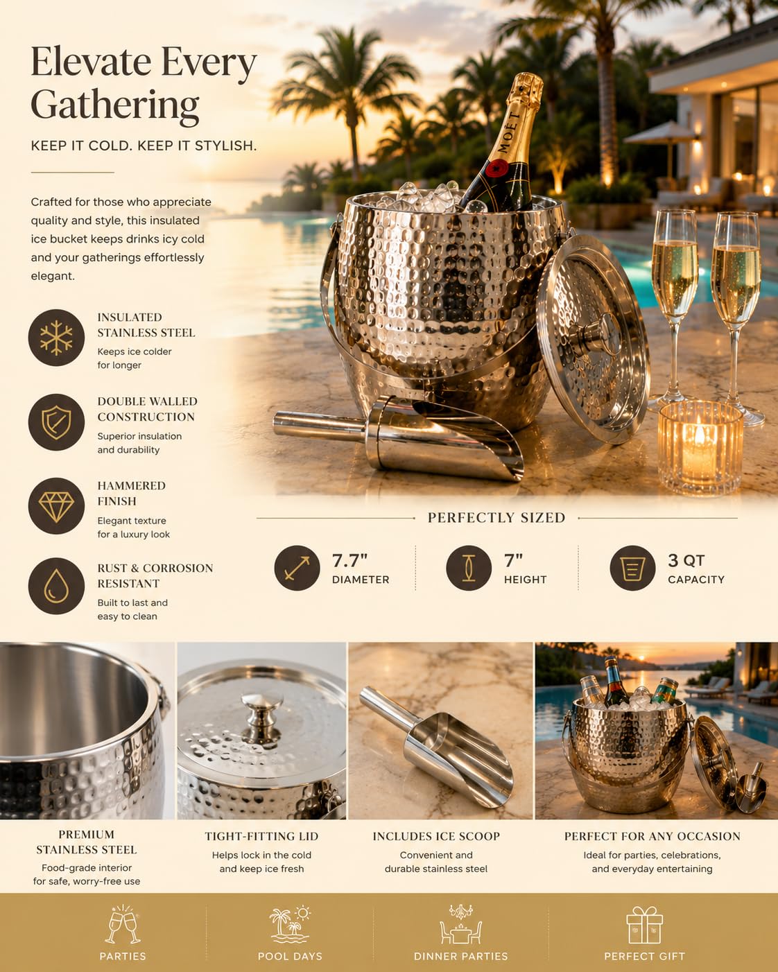 BREKX 3-QT Insulated Ice Buckets for Parties with Lid and Scoop - Iceberg Anchored Wine Chiller Champagne Bucket for Cocktail Bar, Metal Bucket with Lid, Non-Sweat