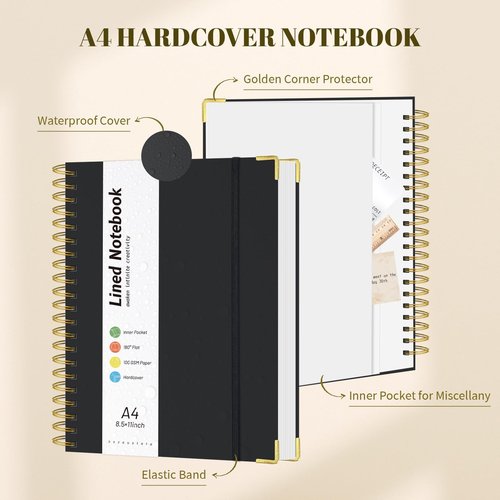 Ouzoustate Spiral Notebook Journal 8.5" x 11" Large Hardcover Lined Journals for Women Men A4 College Ruled Notebooks with 100 GSM Thick Paper, 220 Pages Spiral Journal for Writing Work School, Black