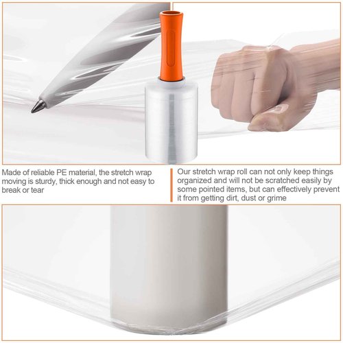 Jutom 8 Pcs Clear Stretch Wrap Roll Plastic Wrap for Moving with 2 Handles 5" x 1000 ft Cling Packaging Shrink Film Self Adhering Shipping Supply for Moving Bounding Storing Pallet Furniture (Orange)