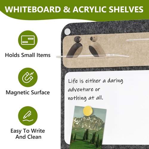 Dollar Boss 3-in-1 Foldable Bulletin Board - 16"x24" Magnetic Whiteboard with Cork & Acrylic Shelves, Grey