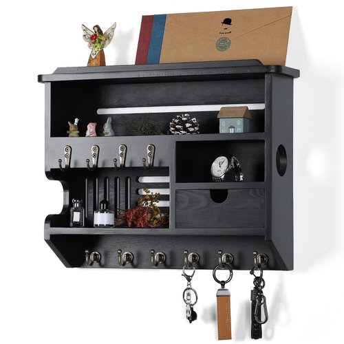 DOPACE Key Holder for Wall, Mail and Key Holder, Mail Organizer Wall Mount with Storage Drawer and 10 Hooks, Easy Installation Keys Holder on Wall, Black