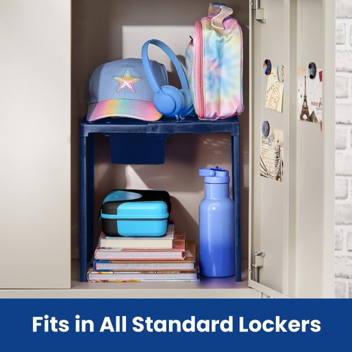 LockerMate Adjust-A-Shelf Locker Shelf & Organizer, Extends to Fit Your Locker, Easy to Use, Perfect for School, Work, Gym, Includes Storage Drawer, Blue