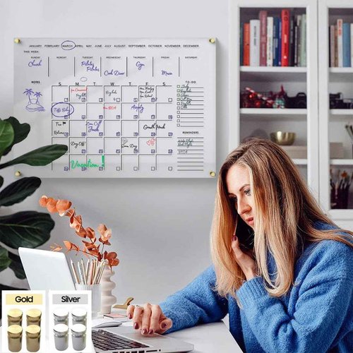 Classic Acrylic Calendar for Wall | Oversize| Clear Home Office Glass Calander Dry Erase Board Large Reusable Whiteboard Big Monthly Family Planner 9X Liquid Chalk Markers (24" X 18")