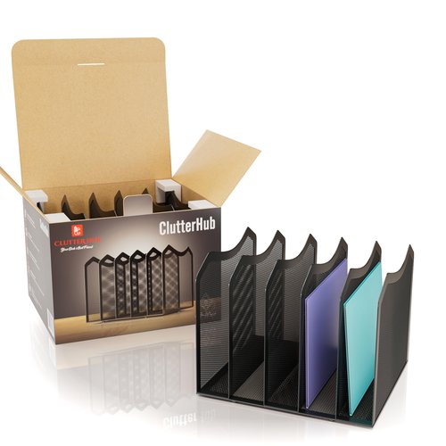ClutterHub | Your Desk's Best Friend | Iron Steel Mesh Desktop File Sorter Organizer | 5-Section Bookshelf for Desk Home Office | No Assembly Required (Black, 5 Tier)