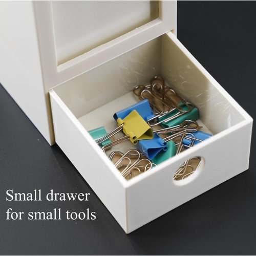 SLFreMint Desktop Pen Holder with Photo Frame, Storage Drawer, 200 Paper Clips, 100 Binder Clips (white)