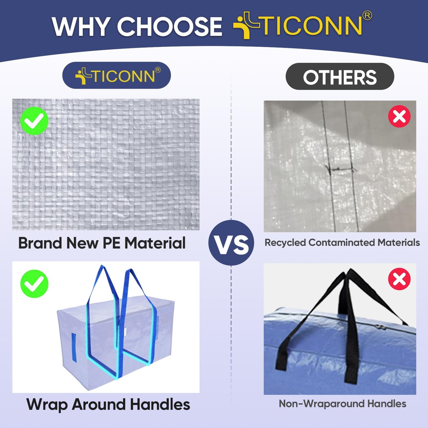 TICONN 2 Pack Extra Large Moving Bags Heavy Duty with Zippers & Carrying Handles, Durable Storage Bags Moving Boxes for Closet Organizers and Storage (2 Pack, Blue)